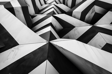 Bold black and white patterns intersecting and overlapping in a modern and minimalist composition,...