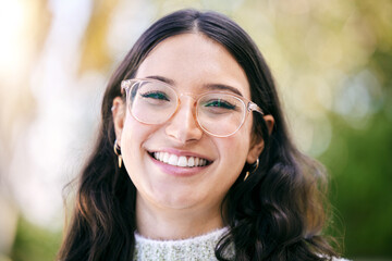 Woman, happy and smile in portrait by bokeh of student in weekend holiday, vacation and carefree....