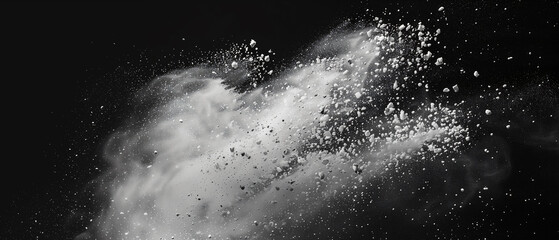 white particles like spray on black background, panoramic photo, special product backgrounds