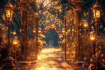 Ornate golden gates opening onto a path lined with shimmering lanterns, leading to a hidden garden...
