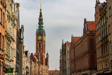Clock tower in the old town of Gdansk, Poland