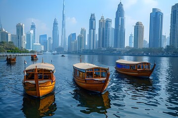 Fototapeta premium Timeless Trade on Dubai Creek Traditional Dhows and the Burj Khalifa Skyline at Sunset