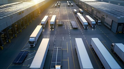 Aerial view of trucks parked at a logistics center