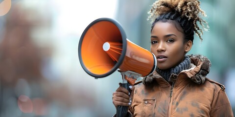 Energetic young African American woman uses megaphone to advocate for change. Concept Social Justice, Activism, Empowerment, Advocacy, Community Engagement - Powered by Adobe