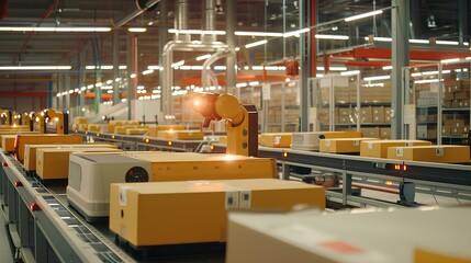 Naklejka premium Automated conveyor belt system in a modern warehouse or distribution center.