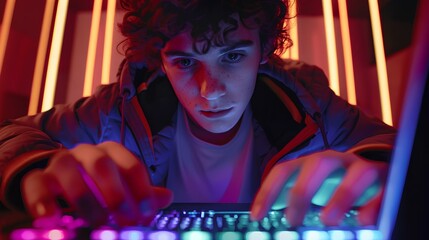 Concentrated young man working on his computer in the dark with colorful lights reflecting on his face