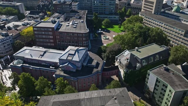 Aerial drone view of Grillo Theater in Essen, Germany. Grillo-Theater is a theatre located in Hirschlandplatz in Essen. 