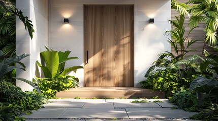 3D illustration of a contemporary entrance with a simple wooden front door, framed by lush greenery and modern wall lights