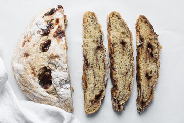 Overhead view of sliced date jam filled bread, flatlay of date filled bread slices