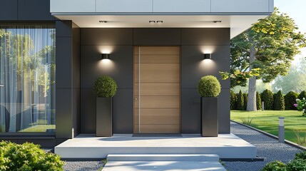 Contemporary entrance of a home with a simple wooden front door, sleek sidelights, and a modern porch area, 3D render