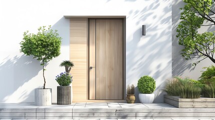 3D rendered image of a stylish modern entrance with a simple wooden front door and a small porch with potted plants
