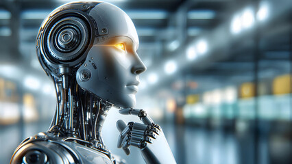 Humanoid robot in thoughtful pose on an out of focus technological background