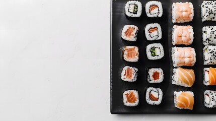 Assorted Sushi Rolls on Black Plate, Overhead View, Fresh Japanese Cuisine, Minimalistic Presentation, Ideal for Food Blogs and Marketing, Copyspace for Text