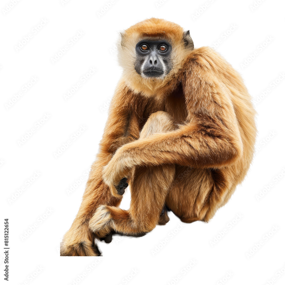 Poster a gibbon seated in front of a plain white backdrop, a gibbon isolated on transparent background