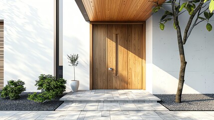 Modern and inviting entrance with a simple wooden front door, complemented by natural stone tiles and minimalist decor, 3D illustration