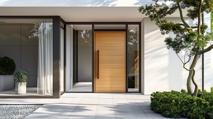 Elegant modern entrance with a simple wooden front door, surrounded by glass windows and minimalistic decor, 3D render