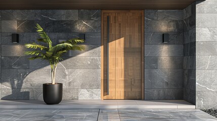 Modern and inviting entrance with a simple wooden front door, complemented by natural stone tiles and minimalist decor, 3D illustration