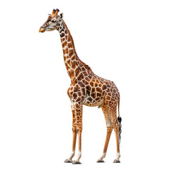 Fototapeta premium A giraffe standing on a Png background, showcasing its long neck and distinctive spots, a giraffe isolated on transparent background
