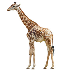 Naklejka premium A giraffe standing upright on a plain Png background, a giraffe isolated on transparent background