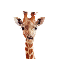 A giraffe stands tall in front of a plain white backdrop, a giraffe on a transparant background