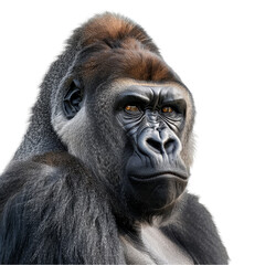 Fototapeta premium A detailed view of a gorilla in front of a plain white backdrop, a gorilla isolated on transparent background