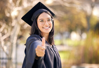 Thumbs up, outdoor portrait and woman for graduation with celebration, scholarship and support for...