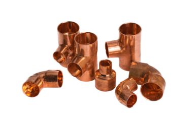 Copper pipe fittings isolated on white	
