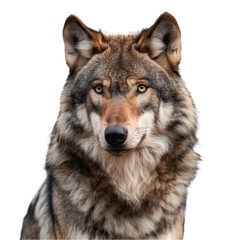 A lone gray wolf stands in front of a plain Png background, a gray wolf isolated on transparent background
