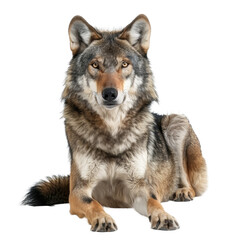 Fototapeta premium A gray wolf sits down in front of a Png background, a gray wolf isolated on transparent background