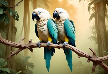 Obraz premium A tropical parrot with a stunning plumage of green, blue, and yellow feathers sitting on a branch in the heart of a lush, dense rainforest, its loud calls drawing the attention of nearby wildlife.