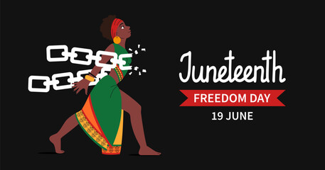 Juneteenth freedom day web banner. African-American Independence Day Background. Woman in ethnic clothes breaks chains. Holiday template for card, poster with lettering. Vector flat illustration.