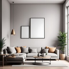 Frame mockup, Living room wall poster mockup. Interior mockup with house background. Modern interior design. 3D render 