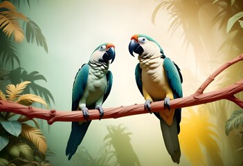 Obraz premium A tropical parrot with a stunning plumage of green, blue, and yellow feathers sitting on a branch in the heart of a lush, dense rainforest, its loud calls drawing the attention of nearby wildlife.