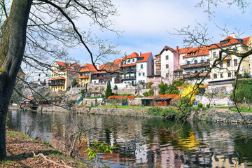 Cesky Krumlov historic center, view of the riverside and the medieval castle. Bohemia, Czech Republic 