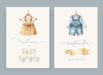 Cute baby shower watercolor invitation card for baby and kids new born celebration. With kids dress and calligraphy inscription.
