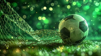 Soccer ball in the goal net with a sparkling green bokeh background, representing triumph