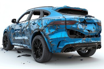 Luxury blue SUV with extensive damage