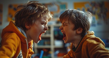 Two boys fighting in classroom