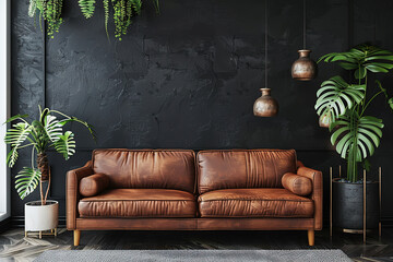 Black living room interior with leather sofa, minimalist industrial style