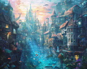 3D art of a fantasy underwater city with mermaids and fish,watercolor illustrations
