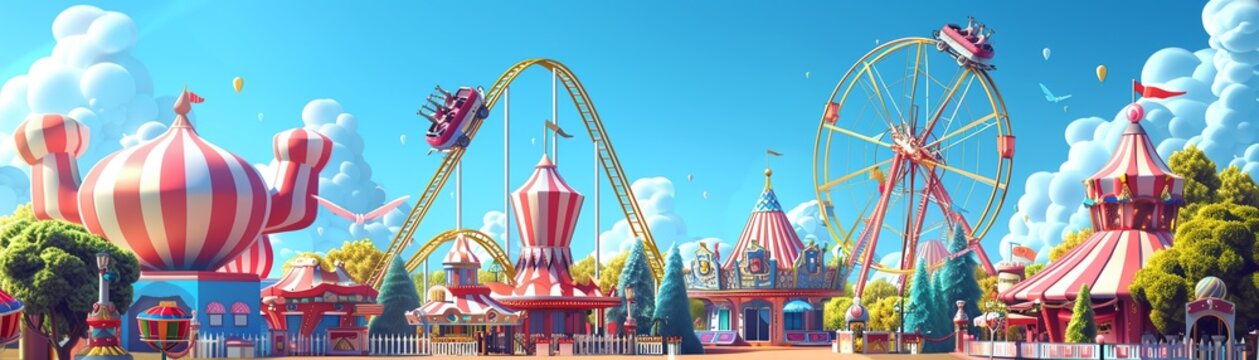 3D amusement park with roller coasters and funfair games,3D vector illustrations