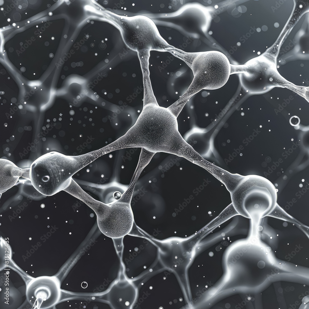 Poster a close up of a bunch of small spheres, some of which are connected to each other. the spheres are o