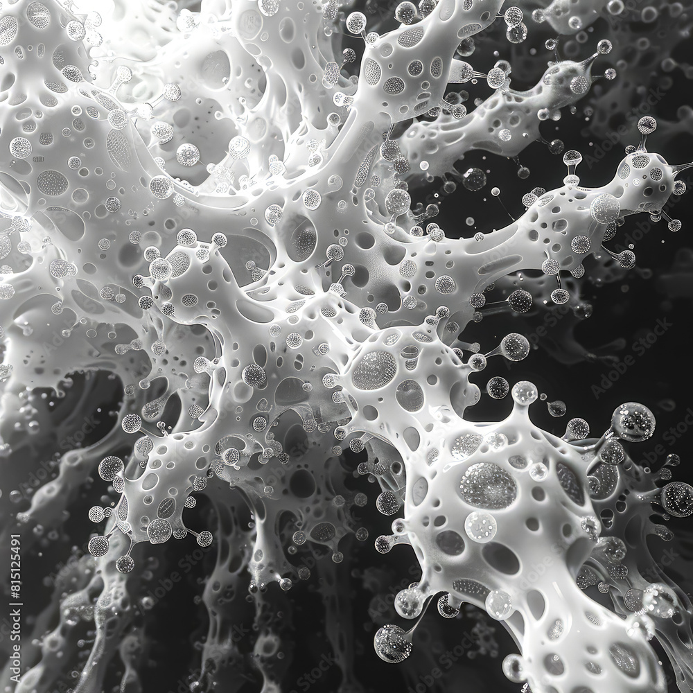 Poster a close up of a bunch of small spheres, some of which are connected to each other. the spheres are o