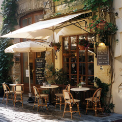 A charming cafe with outdoor seating under umbrellas