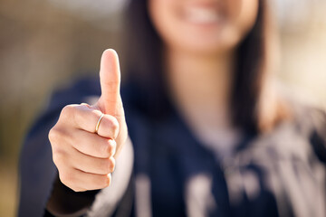 Thumbs up, celebration and woman outdoor for graduation with knowledge, scholarship and support for...