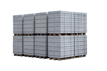 Concrete Cinder Blocks in Industrial Pallets, Grey brick Shapes building material. New for use on construction site or store in europe. PNG Transparent bg. isolate