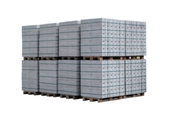 Concrete Cinder Blocks in Industrial Pallets, Grey brick Shapes building material. New for use on construction site or store in europe. PNG Transparent bg. isolate