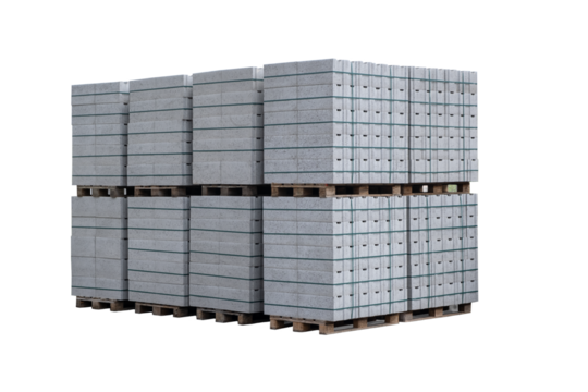 Concrete Cinder Blocks in Industrial Pallets, Grey brick Shapes building material. New for use on construction site or store in europe. PNG Transparent bg. isolate