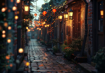 Charming cobblestone alleyway lined with lanterns