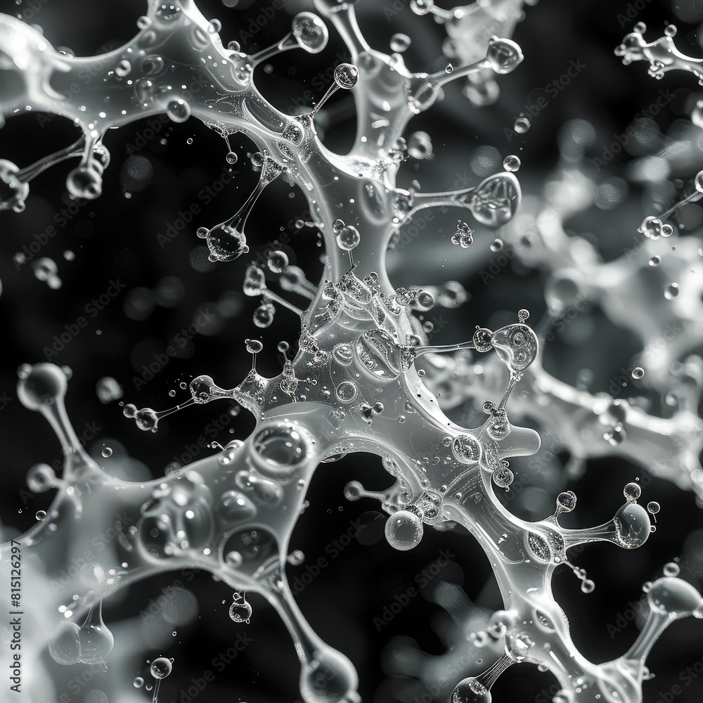 Poster a close up of a bunch of small spheres, some of which are connected to each other. the spheres are o